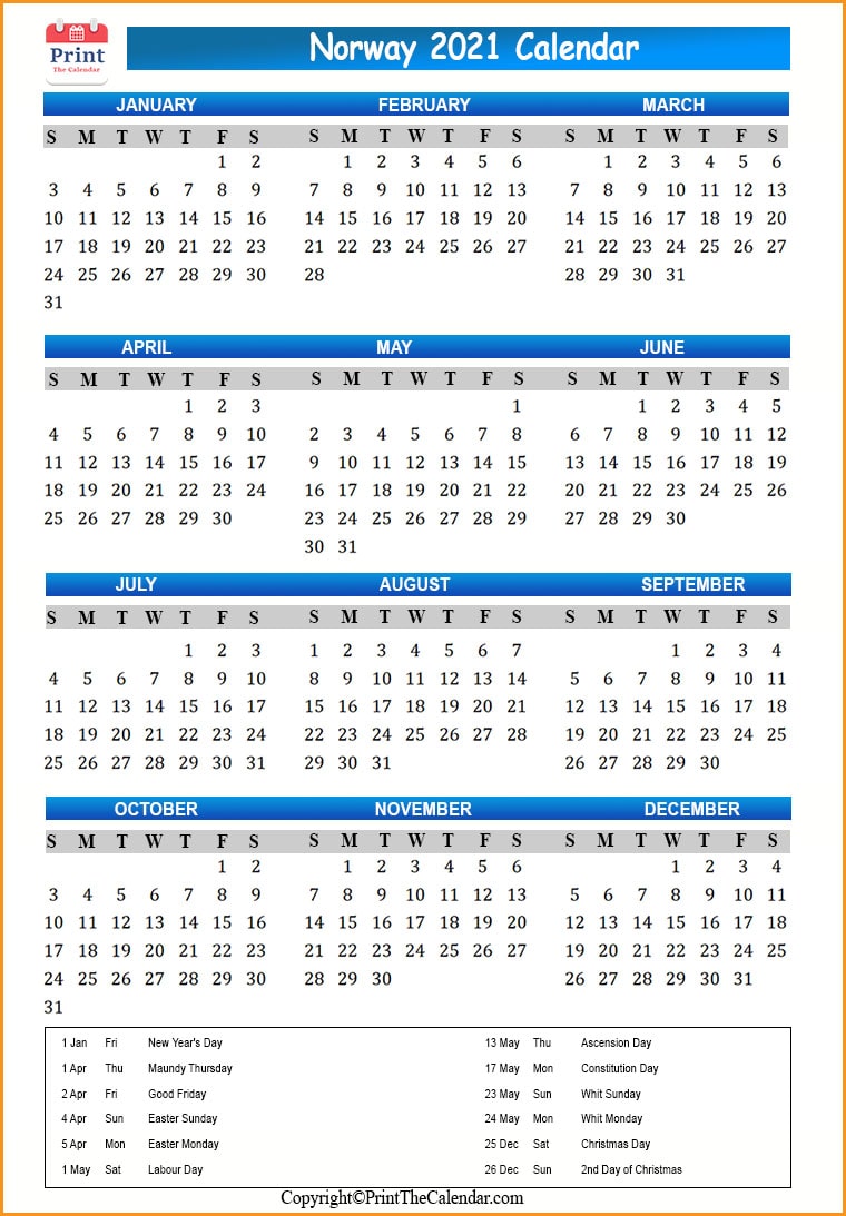Norway Calendar 2021